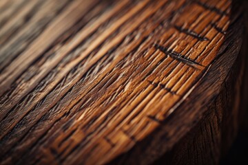 Aufkleber - A detailed close-up of a piece of wood resting on a table. This image can be used to depict natural textures, woodworking, or as a background for various design projects