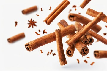 Poster - A pile of cinnamon sticks and star anise on a white surface. Can be used for cooking and food-related projects