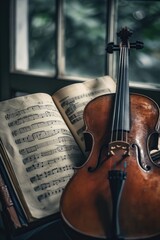Poster - Violin resting on an open book, suitable for music-related projects or educational materials.