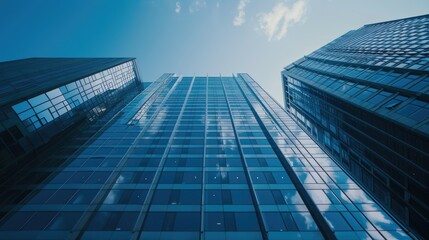 Poster - A view of some very tall buildings from the ground. Can be used to depict a cityscape or urban environment