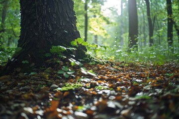 Aufkleber - Sunlight streaming through the trees in a peaceful forest. Ideal for nature and outdoor-themed designs