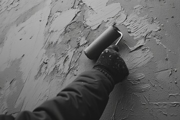 Poster - A person is seen painting a wall using a paint roller. This image can be used to depict home improvement or renovation projects