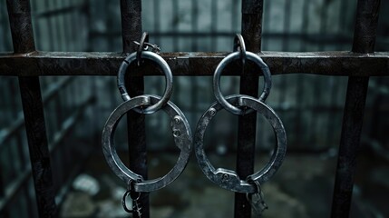 Poster - Metal handcuffs hanging from a gate, can be used to represent concepts of security, law enforcement, crime, or confinement
