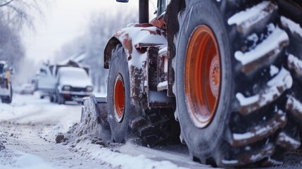 Aufkleber - A snow plow driving down a snow covered road. This picture can be used to depict winter weather conditions or for illustrating the work of snow removal services