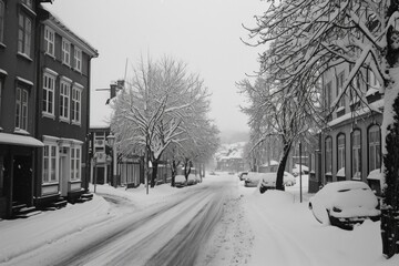 Poster - A black and white photo of a snowy street. Perfect for winter-themed designs