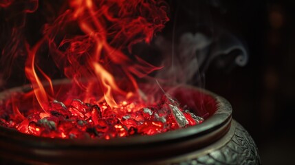 Poster - A close-up view of a bowl filled with hot coal. Perfect for illustrating concepts related to warmth, fire, and heat.
