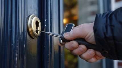 Poster - A person is seen holding a key to a door. This image can be used to represent access, security, home ownership, or the concept of unlocking opportunities