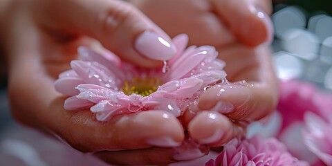 Canvas Print - A person holding a pink flower in their hands. Perfect for adding a touch of beauty and elegance to any project