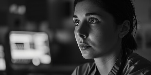 Poster - A black and white photo of a woman focused on her laptop. This image can be used to depict concentration, technology, work, or productivity