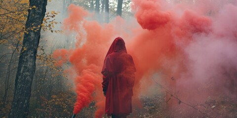 Poster - A person wearing a red robe standing in the woods. Suitable for various uses