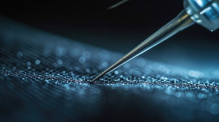 Poster - A close-up view of a needle on a piece of fabric. This image can be used for various sewing and crafting projects