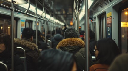 Poster - A group of people riding on a subway train. Suitable for transportation, urban lifestyle, and city commuting themes