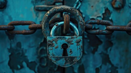 Poster - A detailed close-up of a lock on a chain. Can be used to depict security, protection, or confinement