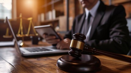 Poster - A professional man in a suit sitting at a desk with a wooden gavel. Suitable for legal, business, and corporate concepts