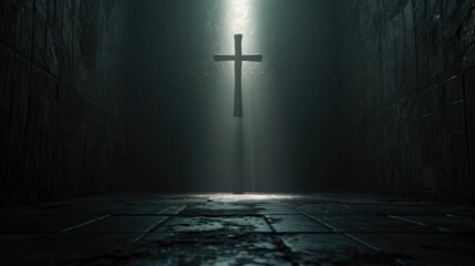 Poster - A cross is displayed in the middle of a dark room. This image can be used to represent religious symbolism and spirituality