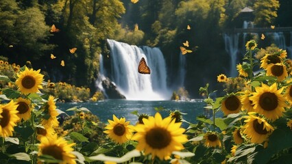 Wall Mural - sunflowers in the water Fantasy  waterfall of joy, with a landscape of sunflowers and butterflies,  