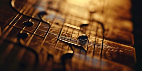 Poster - A detailed view of a guitar neck and strings. This image can be used to showcase musical instruments or for a musician's portfolio