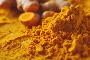 Poster - A pile of turmeric powder next to another pile of turmeric powder. Can be used to depict the abundance of spices or for culinary or wellness-related themes