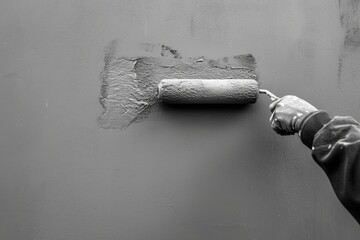 Poster - A person is seen painting a wall using a paint roller. This image can be used to depict home improvement, renovation, or DIY projects