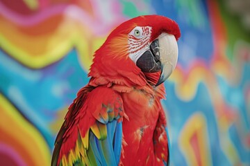 Poster - A stunning red and yellow parrot sits gracefully on top of a vibrant, multicolored wall. This eye-catching image can be used to add a pop of color and tropical flair to various projects