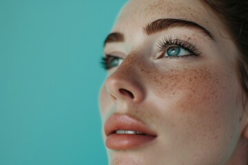 Poster - A close-up shot of a woman with freckles on her face. This image can be used to depict natural beauty and individuality