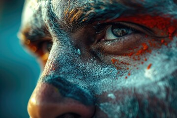 Poster - A close-up shot of a man's face with vibrant paint on it. Perfect for creative projects and artistic concepts