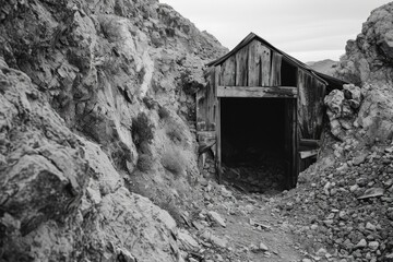Aufkleber - A black and white photo of a small cave. Can be used for nature or adventure themes