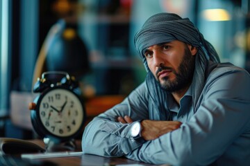 Poster - A man wearing a turban sitting at a table next to a clock. This image can be used to depict concepts such as time management, cultural diversity, or business meetings