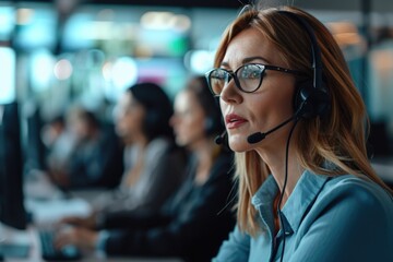 Poster - A woman wearing a headset sitting in front of a computer. Ideal for call center, customer service, or remote work concepts