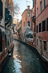 Aufkleber - A picturesque scene of a narrow canal with a prominent clock tower in the background. Ideal for travel brochures and cityscape themes