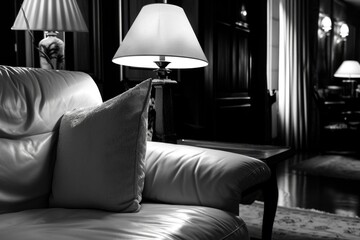 Poster - A black and white photo of a living room. Suitable for interior design projects or home decor inspiration