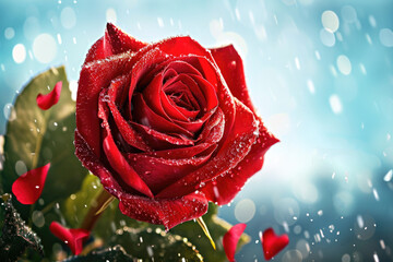 Wall Mural - A beautiful red rose with glistening water droplets. Perfect for expressing love and romance.