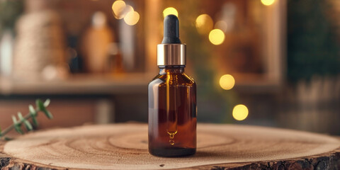 Poster - A bottle of essential oil sitting on top of a tree stump. Versatile image that can be used for aromatherapy, natural skincare, or organic products