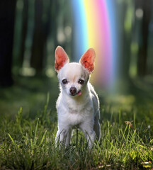 Wall Mural - composite image of a cute dog in a forest at rainbow bridge