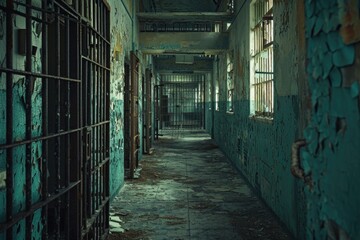 Poster - A long hallway with a row of bars. Perfect for illustrating confinement or imprisonment