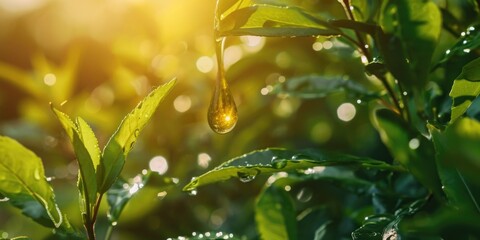 Poster - A single droplet of water delicately suspended from a leaf. Perfect for nature-themed designs and concepts