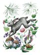 Beautiful summer forest watercolor illustration with a hare.