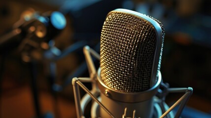 Poster - A close up view of a microphone in a recording studio. This picture can be used to depict the process of recording audio or music in a professional setting