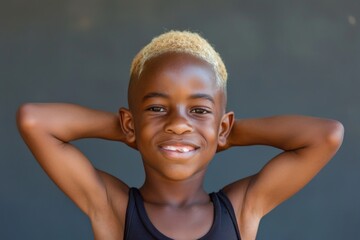 Aufkleber - A young boy with blonde hair is wearing a black tank top. This image can be used for various purposes