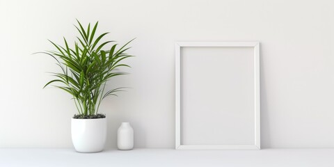 Aufkleber - A picture frame hanging on a wall next to a vibrant potted plant. Perfect for adding a touch of nature to any space
