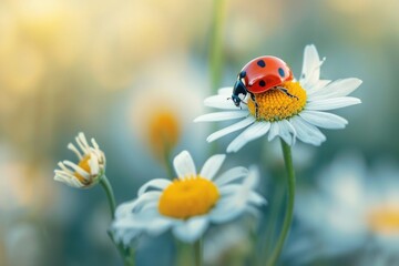 Poster - A ladybug perched delicately on a beautiful white flower. Perfect for nature lovers and garden enthusiasts