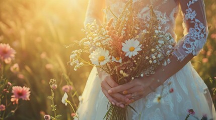 Poster - A woman holding a bouquet of flowers in a picturesque field. Perfect for adding a touch of nature and beauty to any project or design