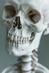 Poster - A detailed close-up of a human skeleton showing a missing jaw. Suitable for educational materials and Halloween-themed designs