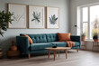 Modern Living Room Home Interior Design: Teal Sofa, Terra Cotta Armchairs, and Art Posters in Scandinavian Style