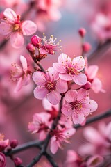 Poster - A close up view of a bunch of flowers growing on a tree. This image can be used to represent nature, beauty, and the vibrant colors of spring and summer