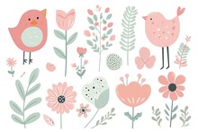 Minimalism And Abstract Cartoon Pattern, Vector Very Cute Kawaii Valentine Clipart, Organic Forms, Desaturated Light And Airy Pastel Color Palette, Nursery Art, White Background.