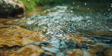 Poster - A picturesque image of a stream running through a vibrant green forest. This photo captures the serenity and natural beauty of the flowing water amidst the lush surroundings.