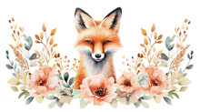 Red Fox Cute Feminine In Flower Floral Frame Abstract Watercolor Illustration Painting Drawing In Pastel Colors For Poster Sticker 
