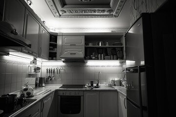 Poster - A black and white photo of a kitchen. Suitable for home decor or interior design projects