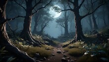 Moonlit Scene Of Mystical Forest, Emphasizing The Anticipation. Generative AI